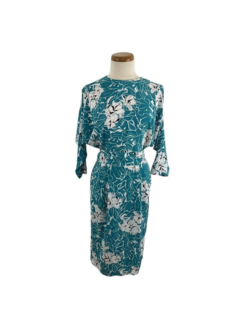 Vintage JCPenney Women's 9 10 Pencil Wiggle Dress Blue Floral Bow Belt